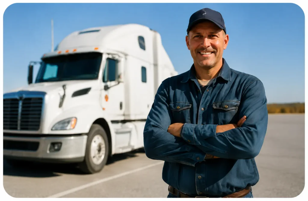 CDL driver standing in front of a commercial truck for DOT physical exam services in Clearbrook VA