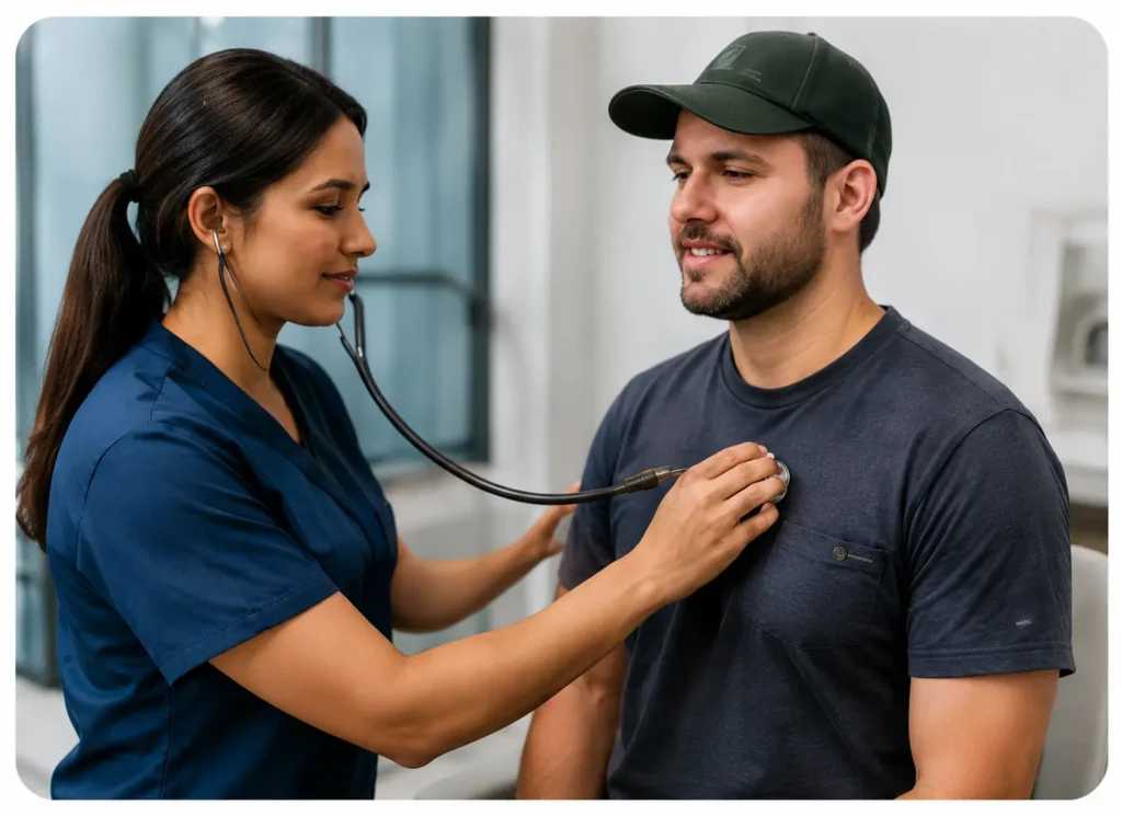 Healthcare professional performing an occupational health evaluation for an employee in Clearbrook VA